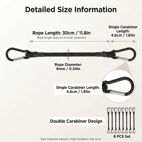 8 stk. 30 cm elastiksnore med karabinhager, elastiske stropper til bagage