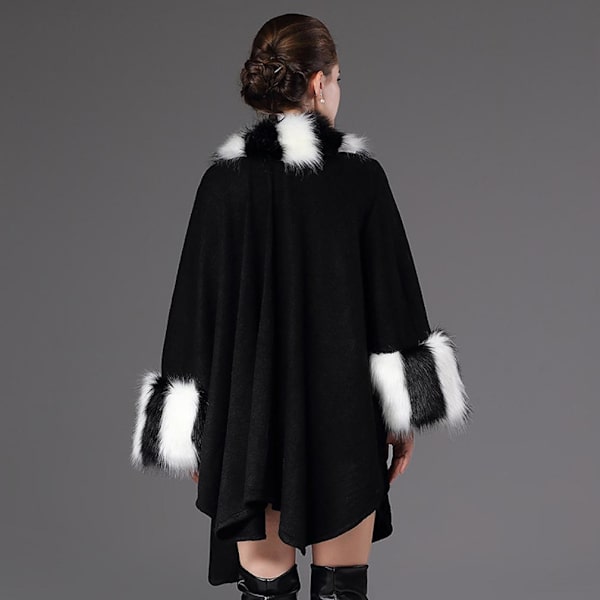 Svart wraps sjalar med fuskpäls trimning Virkad Cape Loose Cardigan for Lady