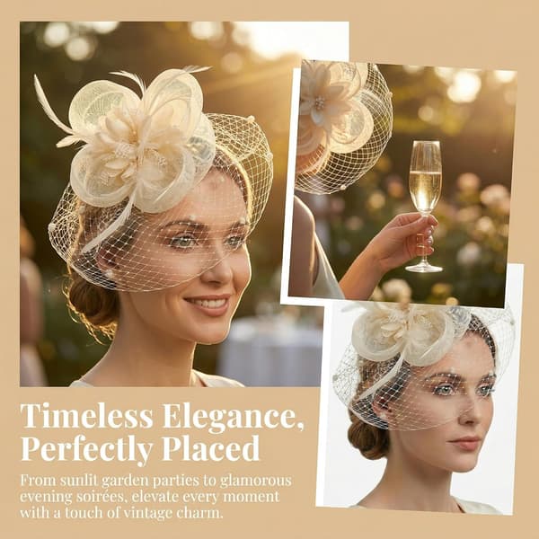 Cremehvid fascinator med fjerblomst og net-slør til bryllup og væddeløbsdag
