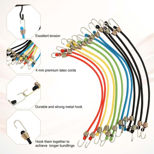 12-pack 25 cm minispännband med krokar, flerfärgad elastisk lastrem