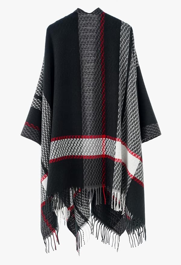 Poncho-cape med öppen front för dam, rutig sjal, oversized kofta med fransar