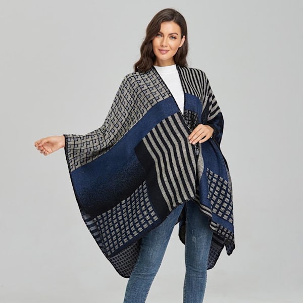 Dubbelsidig Pashmina Sjal Wrap Vinter Varm fyrkantig Poncho Open Front Cape med geometriskt mönster för dam