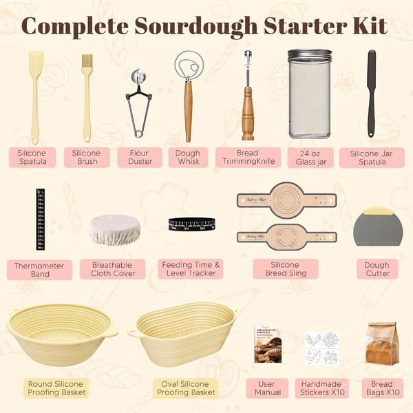 30-delars surdegsstartkit med jäskorgar i silikon, degverktyg och burk