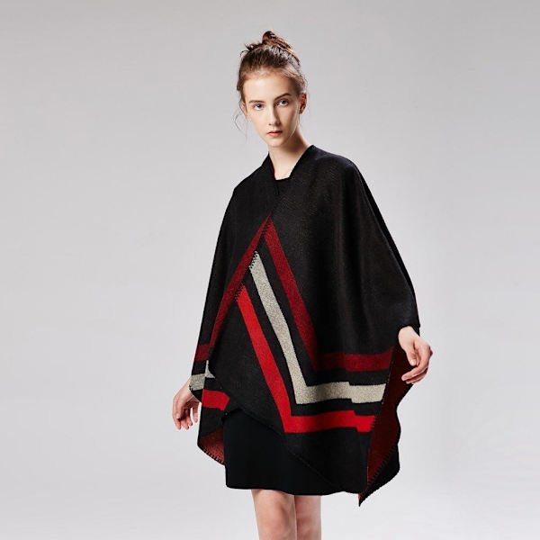Poncho Strips Filt Lång Sjal Wrap Cardigan Coat Cashmere Feel