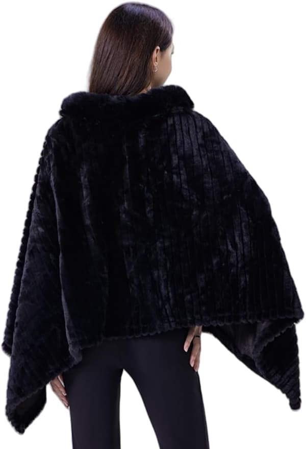 Poncho-cape för kvinnor med fuskpälskrage, pullover-sjal i polyester för vintern