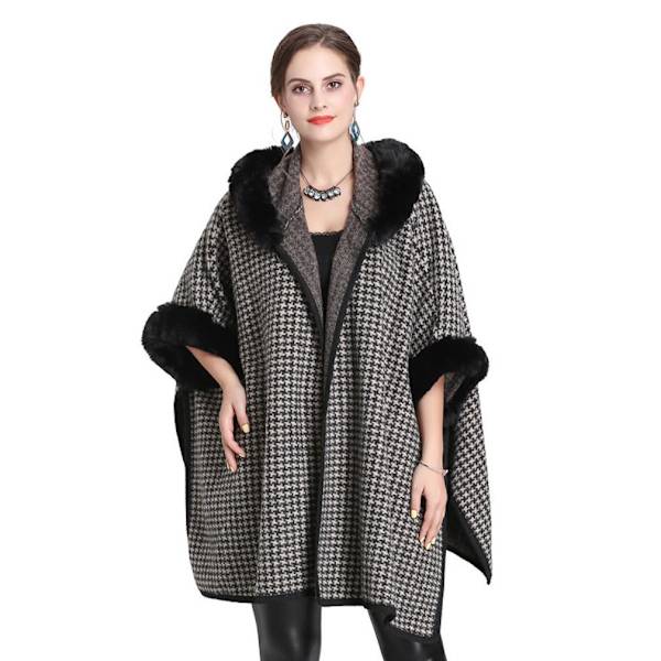 Houndstooth Hooded Warm Wraps sjalar med fuskpäls trimmad lång lös cardigan for Lady