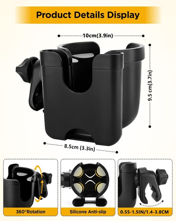 Universell koppholder for barnevogn med telefonholder, 360° roterbart koppfeste