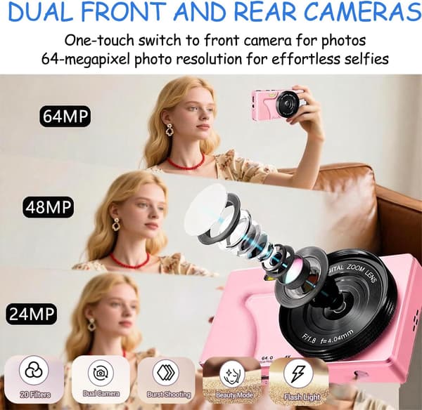 64 MP digitalkamera med dobbelt objektiv 4K videokompaktkamera for barn og tenåringer