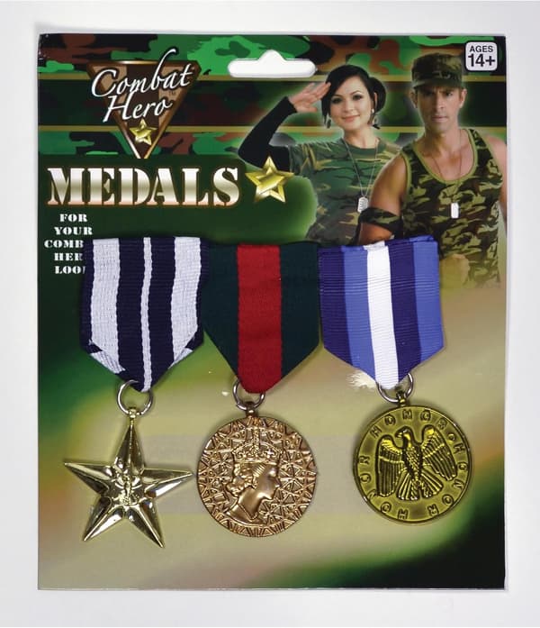 3-pack militärmedaljer med band, blandade designer för maskerad