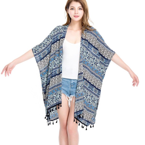 Spring Summer Poncho Kaftan Sjal med Tofs Öppen Front Cardigant för Dam
