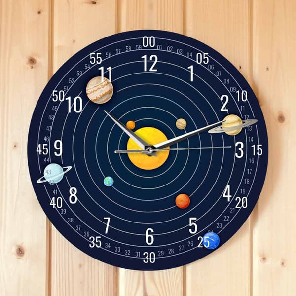 12-tums väggklocka i akryl med solsystemet, tecknade planeter, rymdinredning