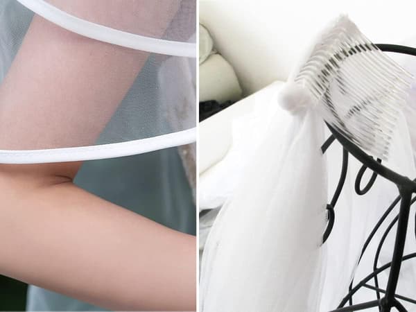 Vit brudslöja i tyll med kam, bandkant för bröllop och möhippa