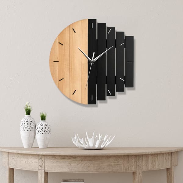 30 cm moderne vægur i træ med geometrisk sort trædesign til stuen