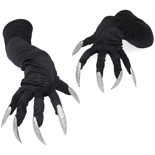 Monster Claw Halloween Cosplay-handskar med silverglänsande långa naglar för barn