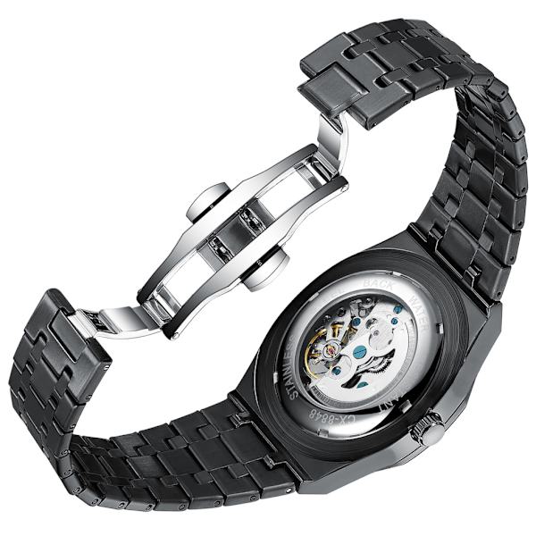 Mekanisk watch för män Black Hollow Out Dial Watch i rostfritt stål