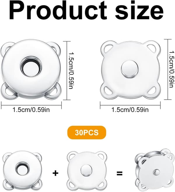 30-pack 15 mm magnetiska tryckknappar, fastsydda metallspännen för väskor och pyssel