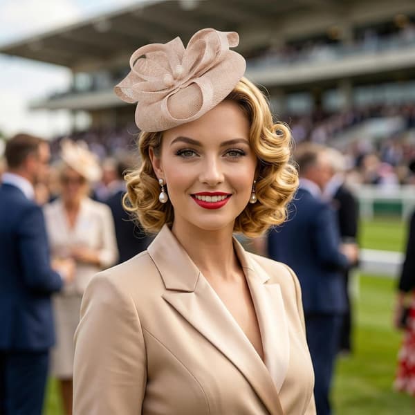 Beige fascinator-hatt for kvinner, hodeplagg med sløyfe og perler til bryllup og teselskap