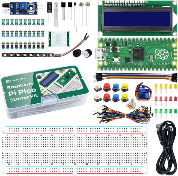 Raspberry Pi Pico startpaket med kopplingsdäck, LCD, sensorer och komponenter