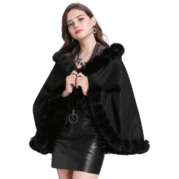 Ladies' Hooded Cape with Faux Fur Trimming Knitting Cape for Women