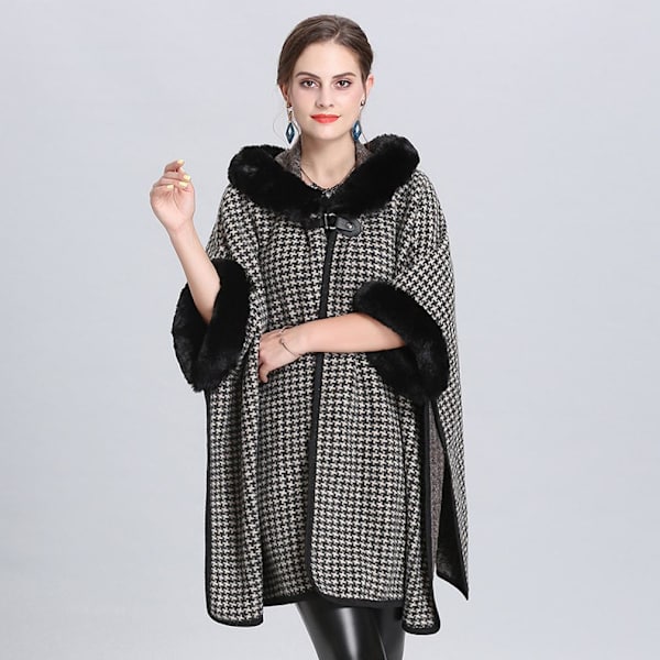 Houndstooth Hooded Warm Wraps sjalar med fuskpäls trimmad lång lös cardigan for Lady