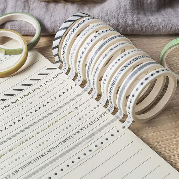 10 rullar 5 mm smal Washi-tejp svartvit dekorativ tejp för klippböcker