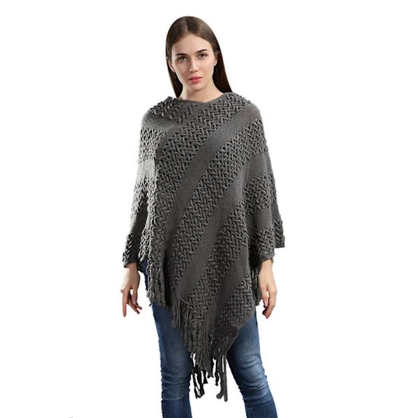 Varm Pullover Poncho med tofs Lös tröja Coat Stickning Cape for Lady