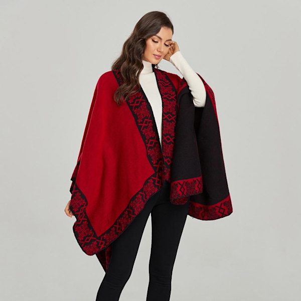 Sjalomslag Dubbelsidig Jacquard Poncho Open Front Cape för dam