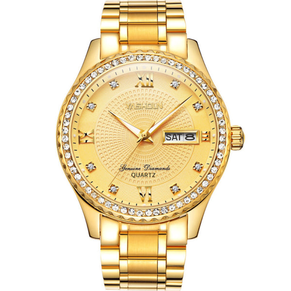 Herr Quartz Watch Casual Wrist Diamond Watch med Date Luminous Gold