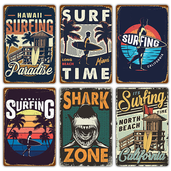 Surf Time Art Poster Retro Väggdekor Järn 30x15cm för Bar Coffee Shop Home