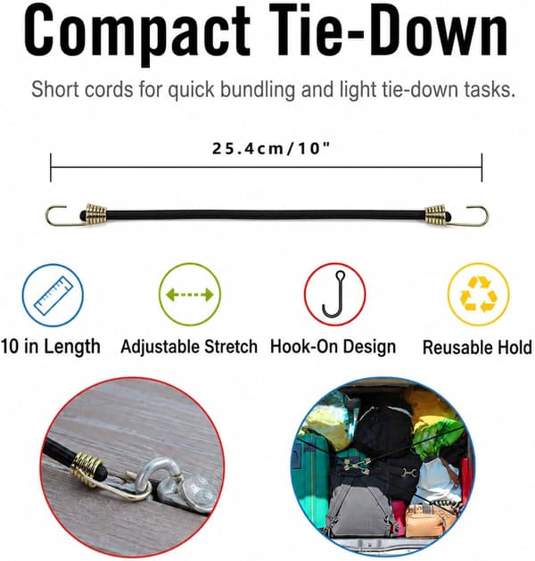 12-pack 25 cm minibungee-snören med krokar, elastiska fästband för camping