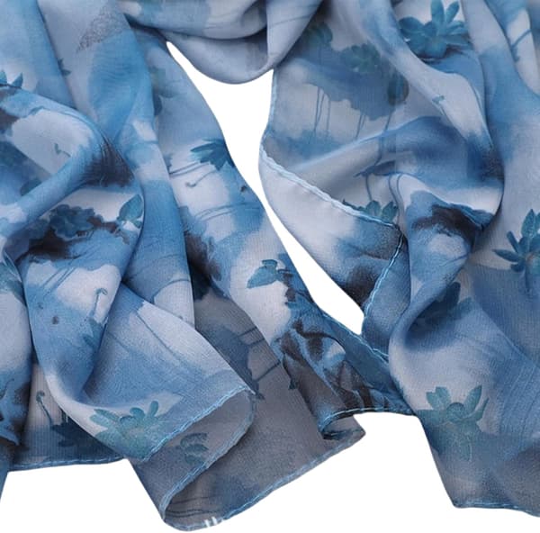 Blått blomstrete chiffonskjerf for kvinner, lett og langt sjal