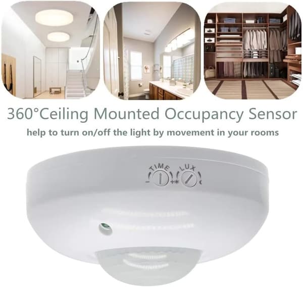 Takmonterad PIR-rörelsesensor, 360° detektering, 6 m räckvidd, 110-240V AC