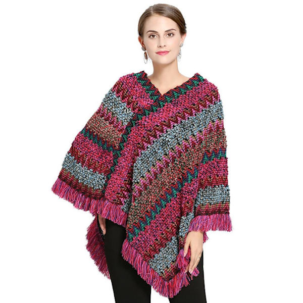 Färgglada ränder Poncho fransad fåll Virkad Cape med tofs Pullover Wrap för Lady