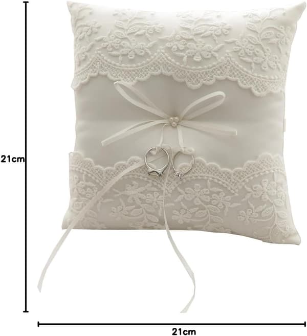 Beige ringkudde för bröllop med satinrosett och broderad spets, 21 cm