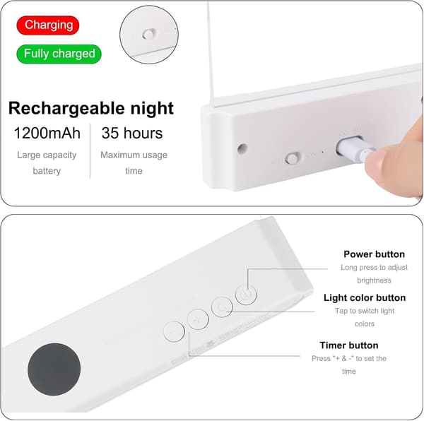 Oppladbart flatt LED-boklys med 3 farger, tidsur og dimbart panel