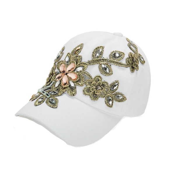 White Flower Crystal Rhinestone Baseball Cap, Shiny Bling Paljetter Sparkle Hats
