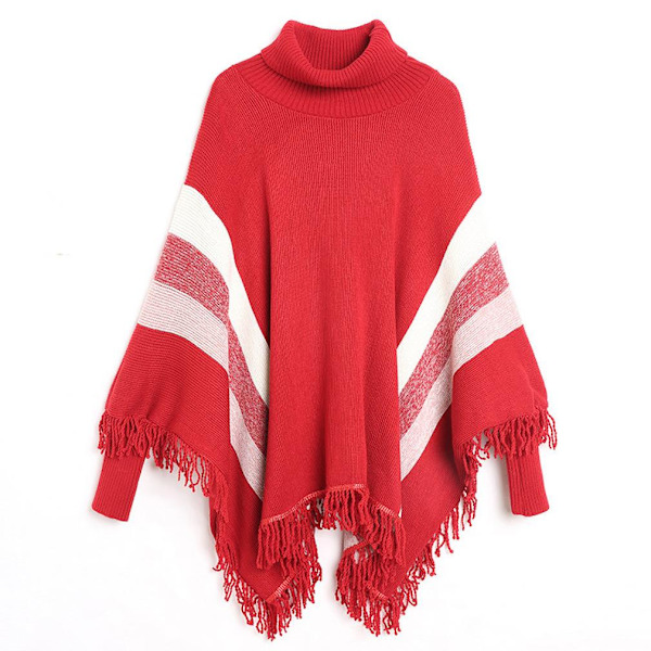 Lös turtleneck Pullover Wrap sjal med tofs Varm stickning Batwing ärm Cape for Lady