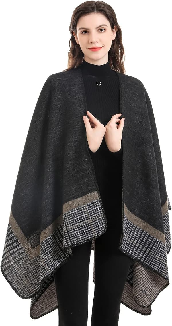 Stickad poncho-sjal för dam, oversized, varm cape-kofta med öppen front