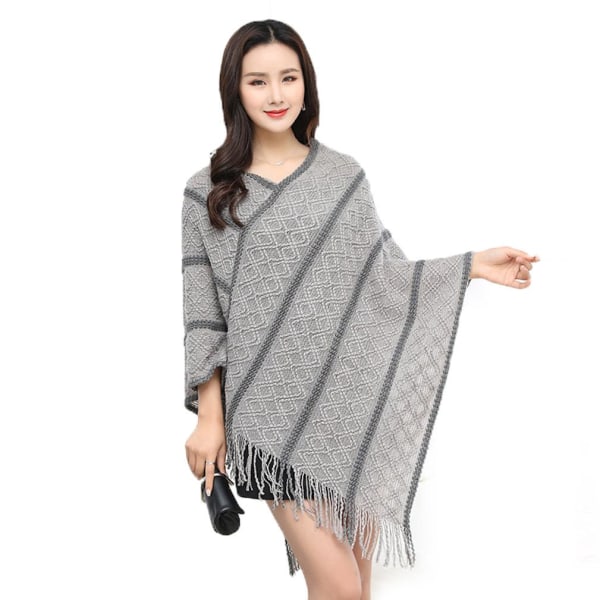 Fringed Hem Poncho Grå Batwing Blus Stickning Cape Crochet Sweater Coat for Lady