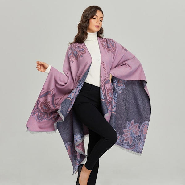 Pashmina Sjal Wrap Fransed Hem Poncho Open Front Cape for Lady