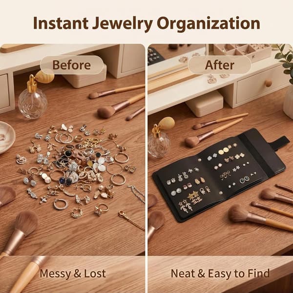 2-pak øreringe-organizer-bøger i PU-læder til rejser, sort og beige opbevaring