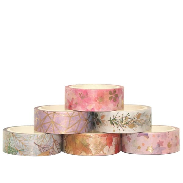 Sæt med 6 ruller blomstret washi-tape med guldfolie til DIY-journaler