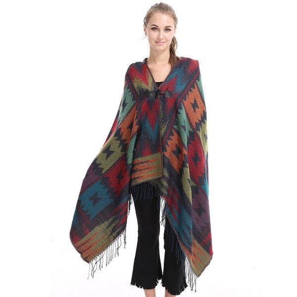 Long Autumn Winter Hoodie Poncho Warm Shawl Wrap with Tassel