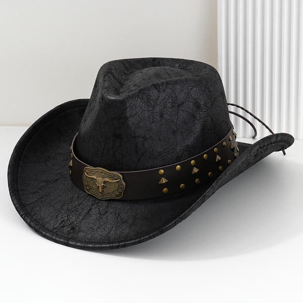 Sort PU-læder cowboyhat med tyrespænde westernhat