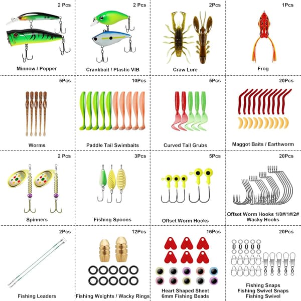 Komplet fiskegrejssæt med grejæske, crankbaits, bløde agn og kroge