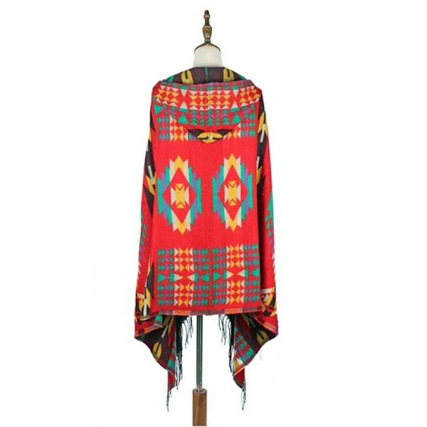 Färgglad Geometrisk Pashmina Sjal Wrap Tjock Varm Poncho Öppen Front Cape med Tofs för Dam