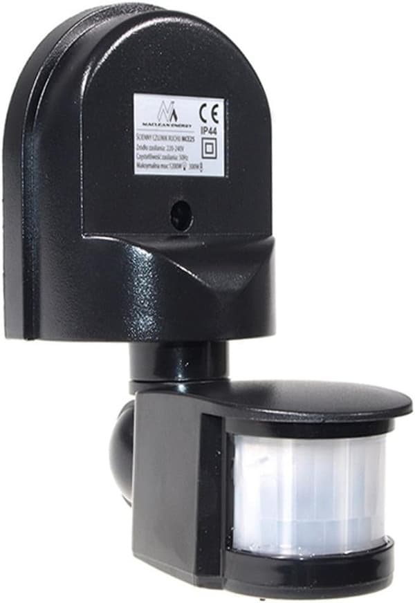 PIR-rörelsesensorbrytare, 5-12 m räckvidd, 180° detektering, IP44, 220-240V AC