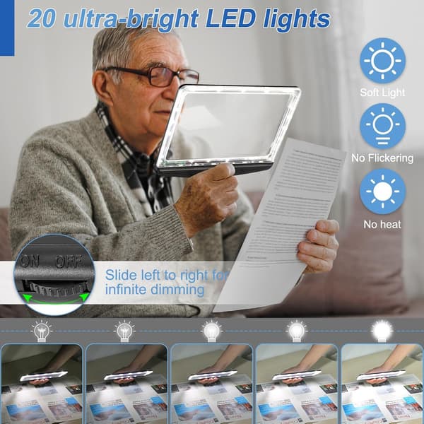 6X Genopladeligt Full-Page Forstørrelsesglas med 20 Dæmpbare LED-lys