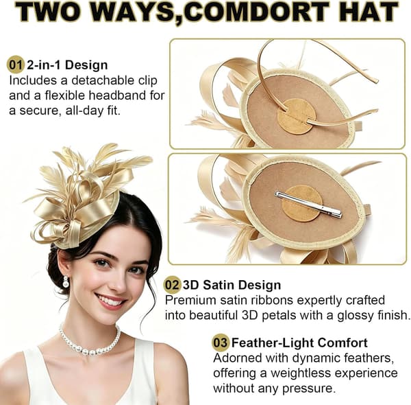 Guldfjer-fascinator med bånd-hårbøjle til kvinder til teselskab og bryllup