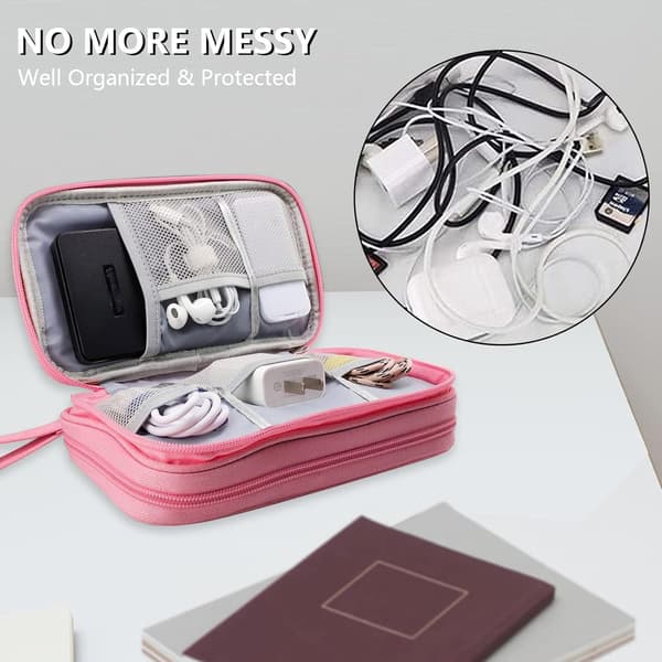 Reiseveske for kabler, vanntett etui for elektronisk tilbehør, rosa